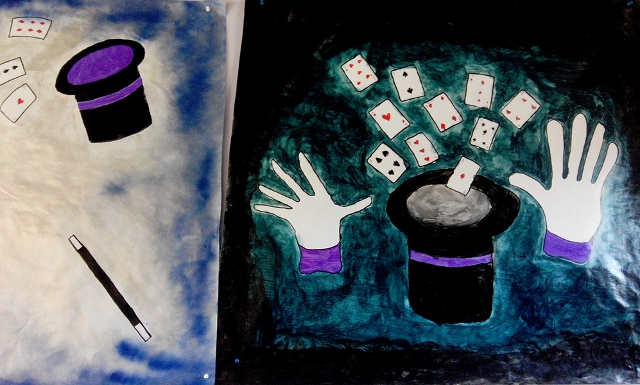 ateliers du magicien, deux affiches sur le thême de la magie, avec des cartes qui sortent du chapeau